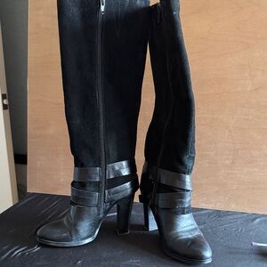 Black Suede & Leather High Heel Knee Boots with Strap Detail